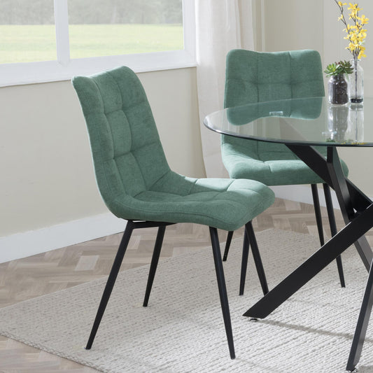 Elba Dining Chairs in Green Fabric and Black Metal Legs - Pair of 2