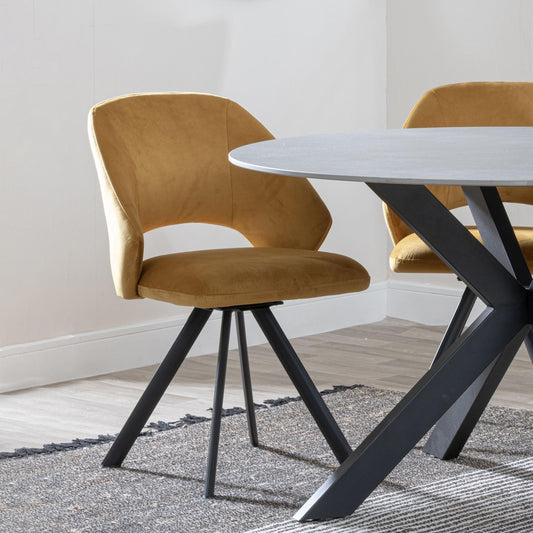 Juno Mustard Velvet Fabric Swivel Dining Chair with Black Legs - Pair of 2