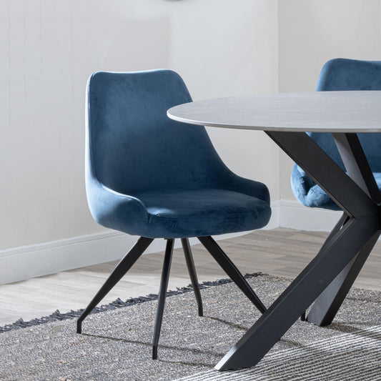 Harbo Blue Velvet Fabric Swivel Dining Chair with Black Legs - Pair of 2