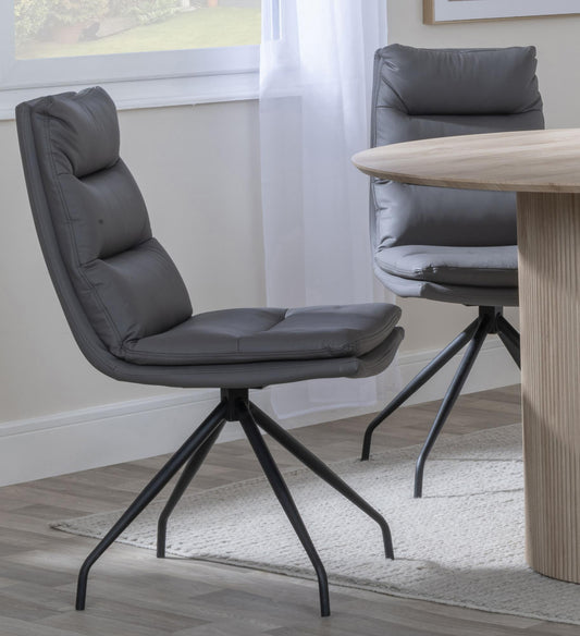 Hadley Grey Leather Swivel Dining Chair with Black Legs - Pair of 2