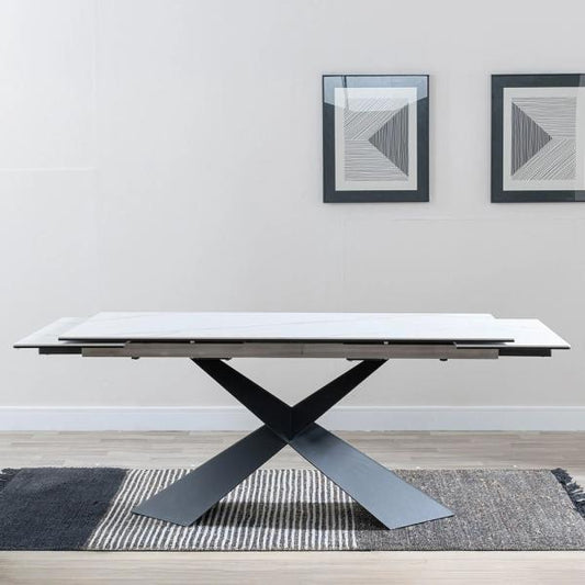 Odesa White Ceramic Extending Dining Table with Black Cross Base - 160cm/240cm