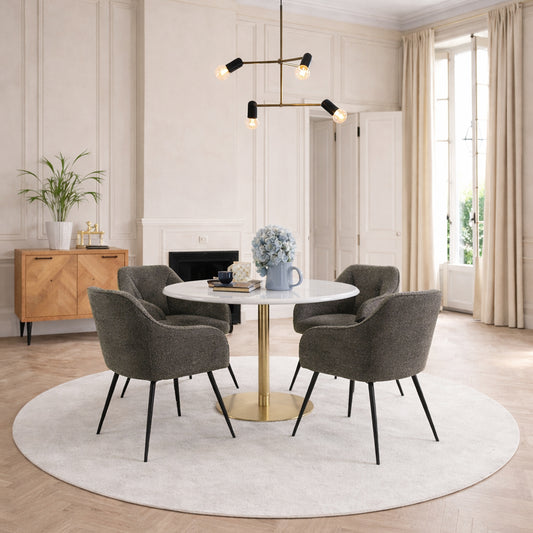 Corby Round Dining Table with White Polished Marble Top & Gold Base inc 4 Brooke Dining Chairs with Armrests in Taupe