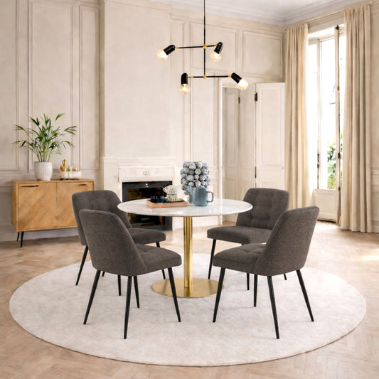 Corby Round Dining Table with White Polished Marble Top & Gold Base inc 4 Brooke Dining Chairs in Taupe