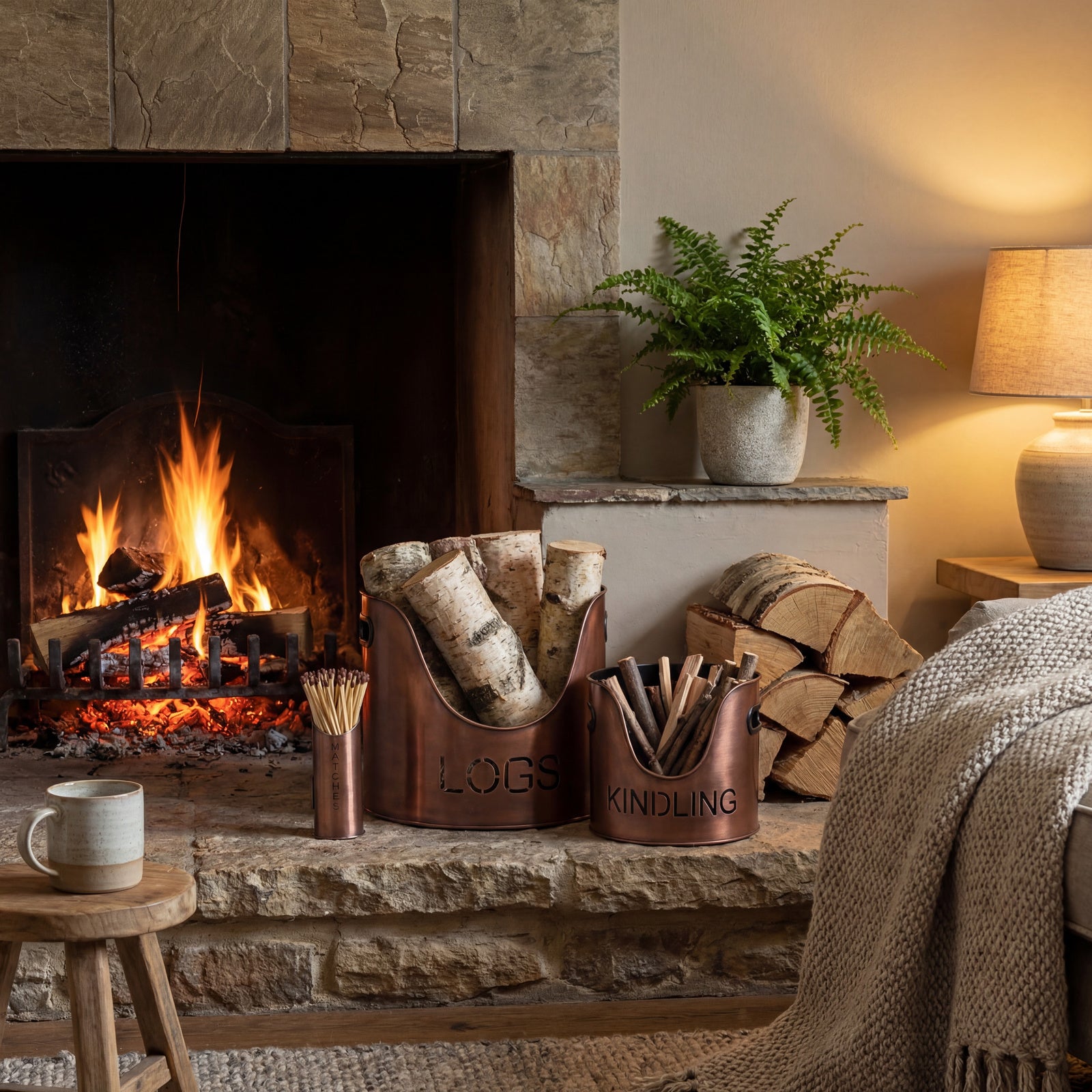 Copper Finish Logs And Kindling Buckets & Matchstick Holder