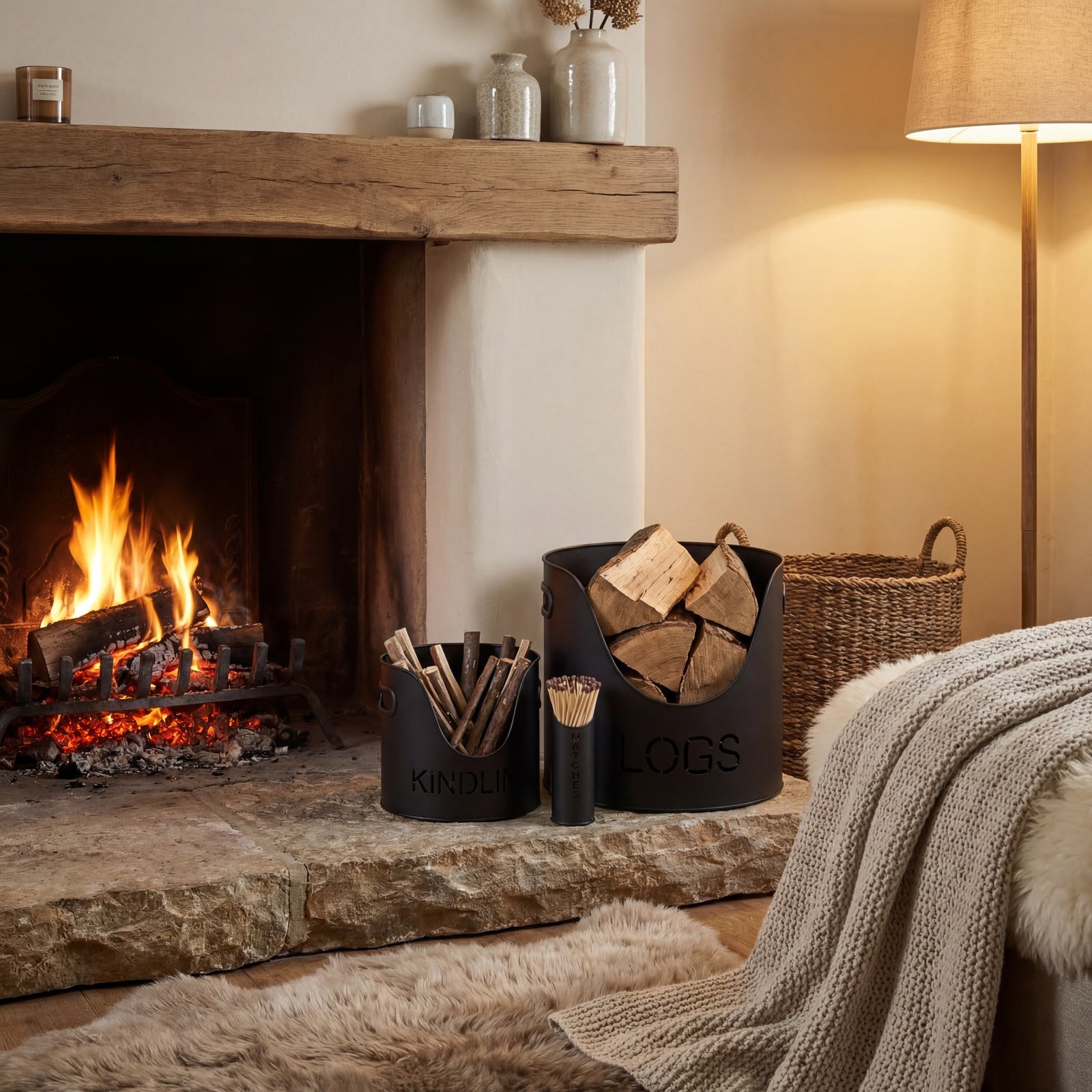 Black Finish Logs And Kindling Buckets & Matchstick Holder