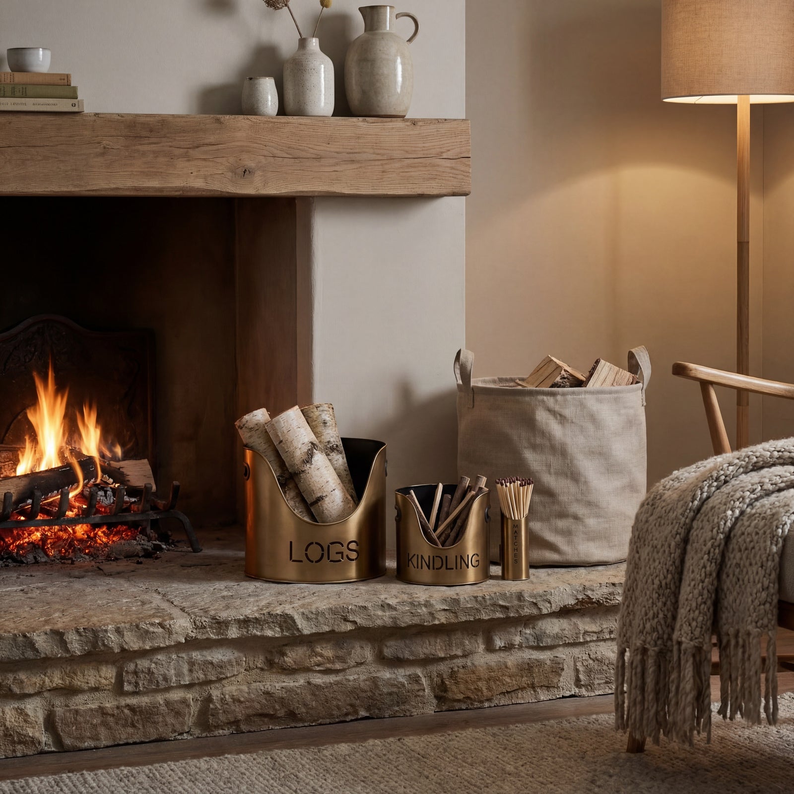 Bronze Finish Logs And Kindling Buckets & Matchstick Holder
