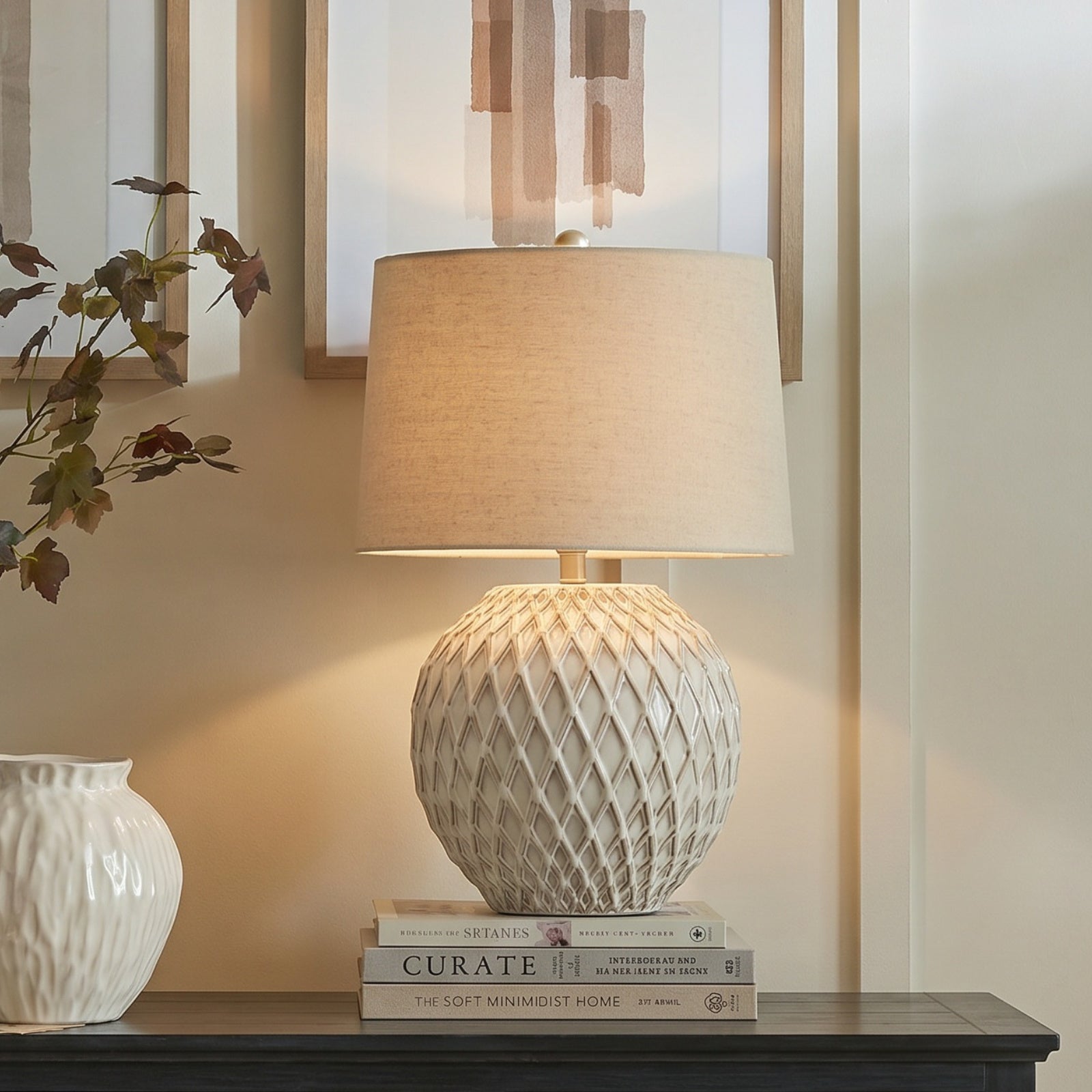 Lattice Ceramic Table Lamp With Linen Shade