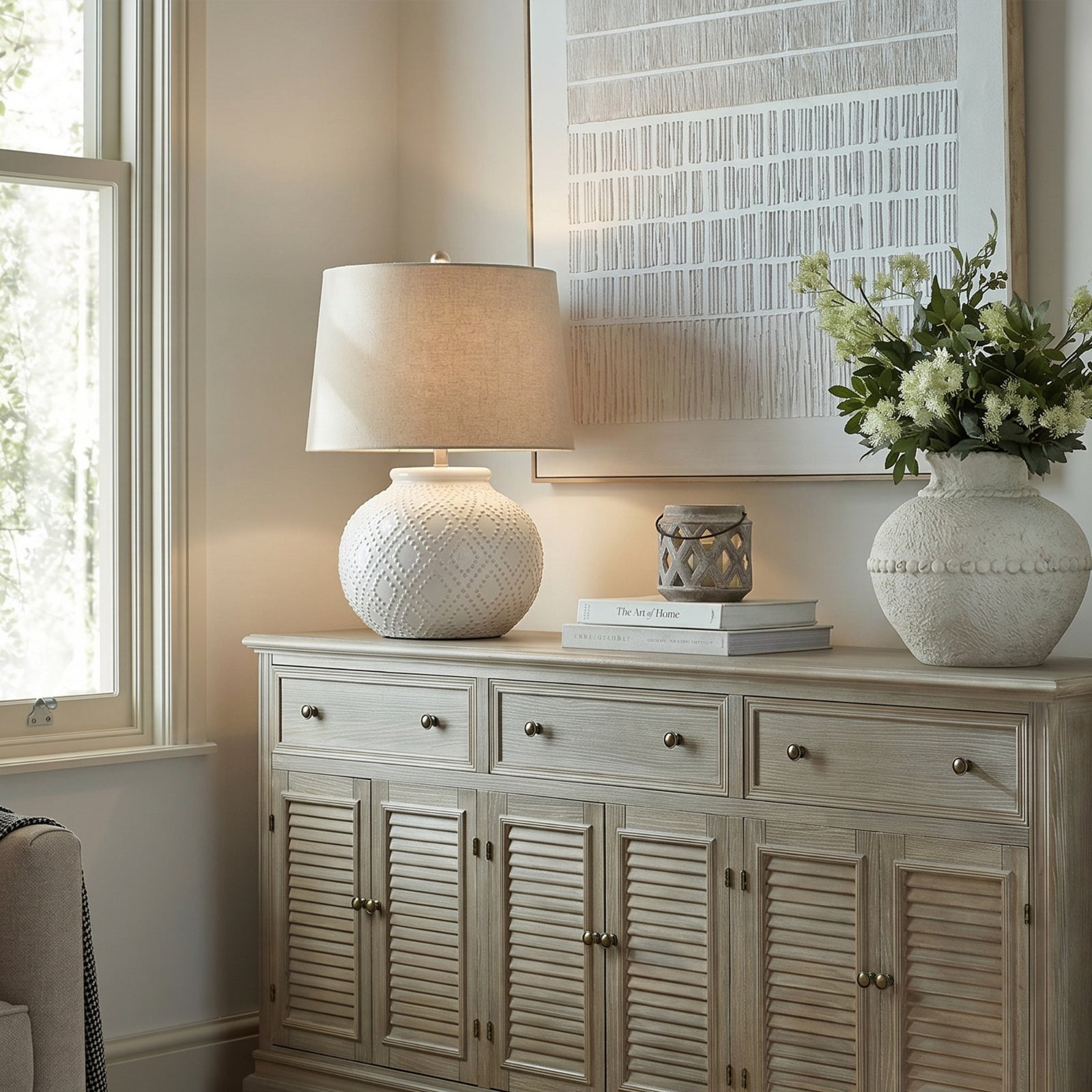 Squat White Beaded Ceramic Lamp With Linen Shade