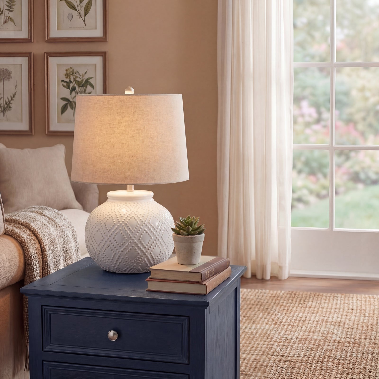 Squat White Beaded Ceramic Lamp With Linen Shade