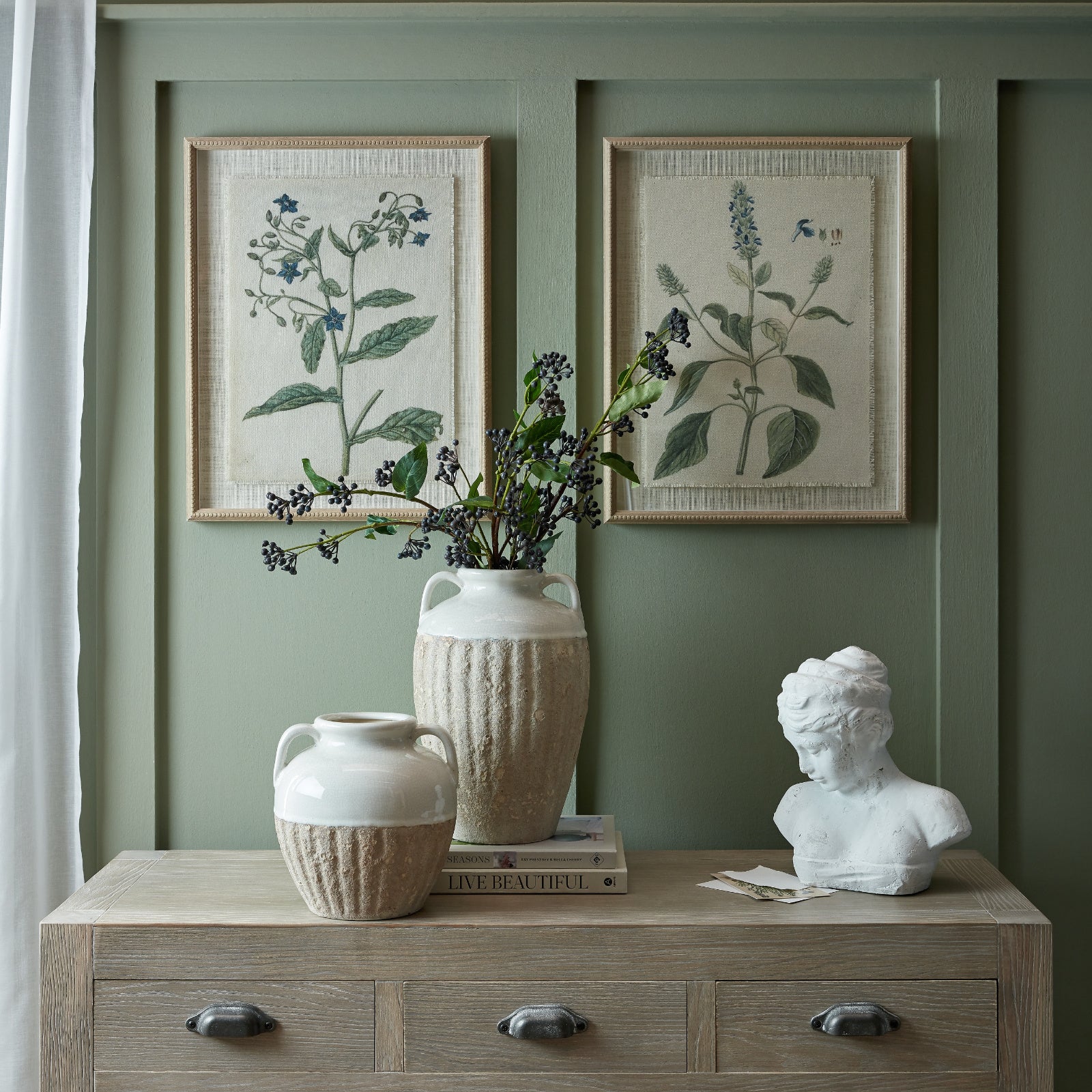 Flora & Fauna Collection Salvia On Linen In Beaded Frame