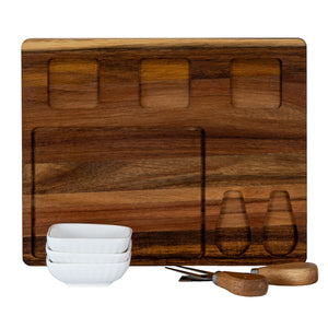 Acacia Cheese Board Set With White Ceramic Bowls And Cutlery