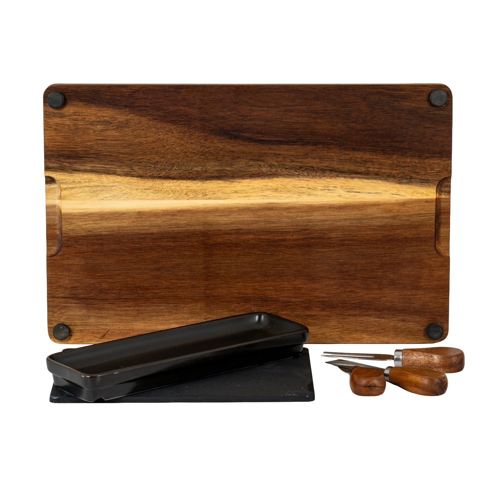 Acacia Cheese Board Set With Black Bowl, Slate and Cutlery