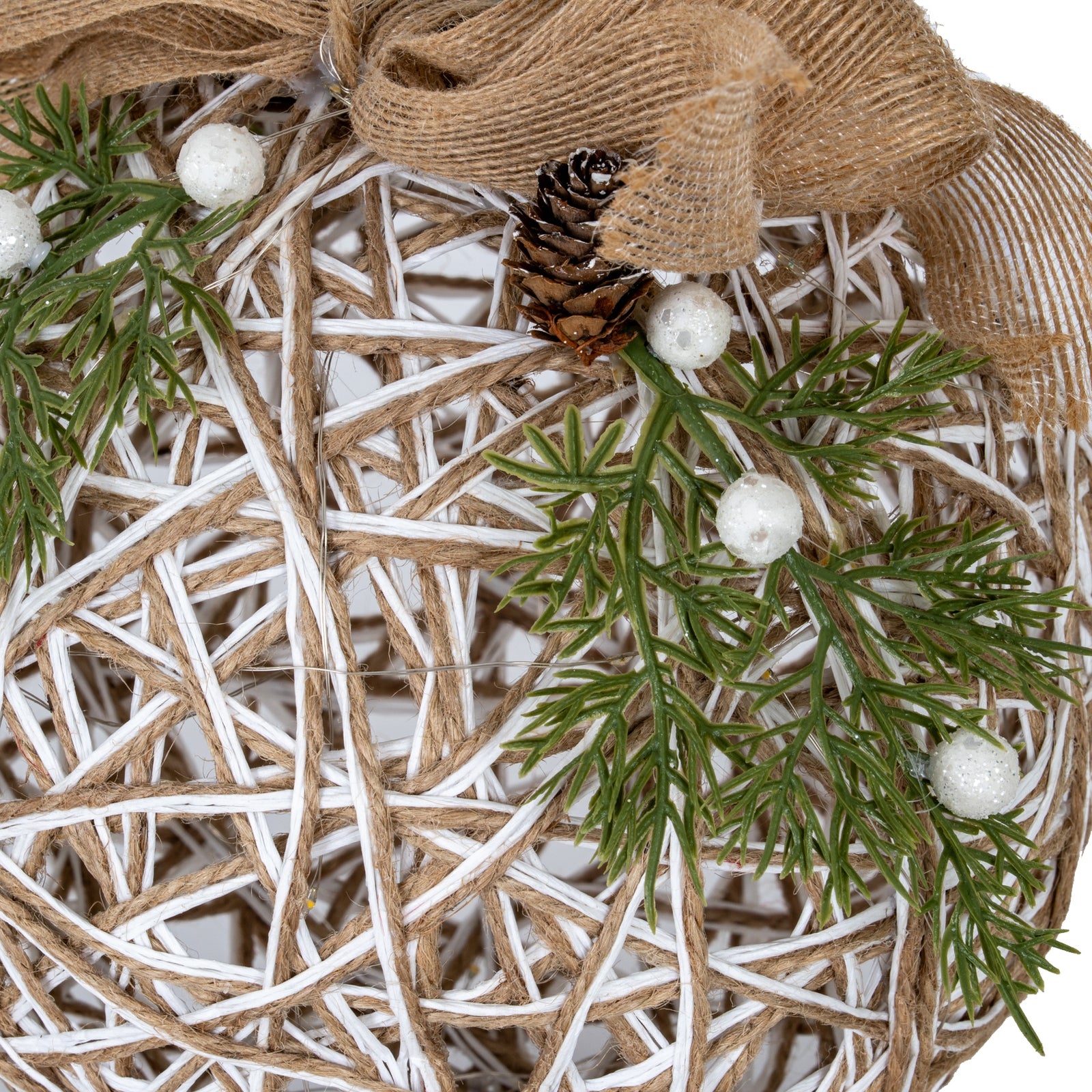 Large LED White Rattan Bauble With  Branches And Ribbon