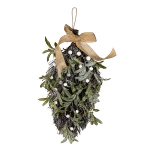 Frosted Mistletoe And Pine Swag With Ribbon