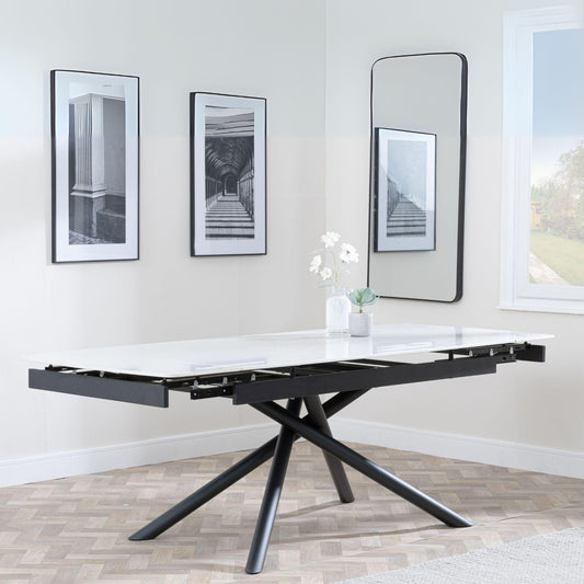 Flavia White Sintered Stone Extending Dining Table with Black Cross Base - 160cm/220cm