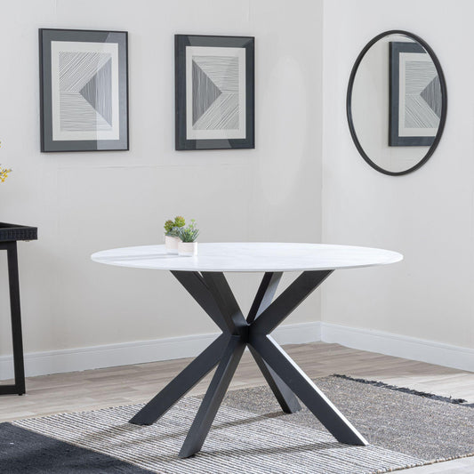 Avesta White Sintered Stone Round Dining Table with Black Star Base - 130cm