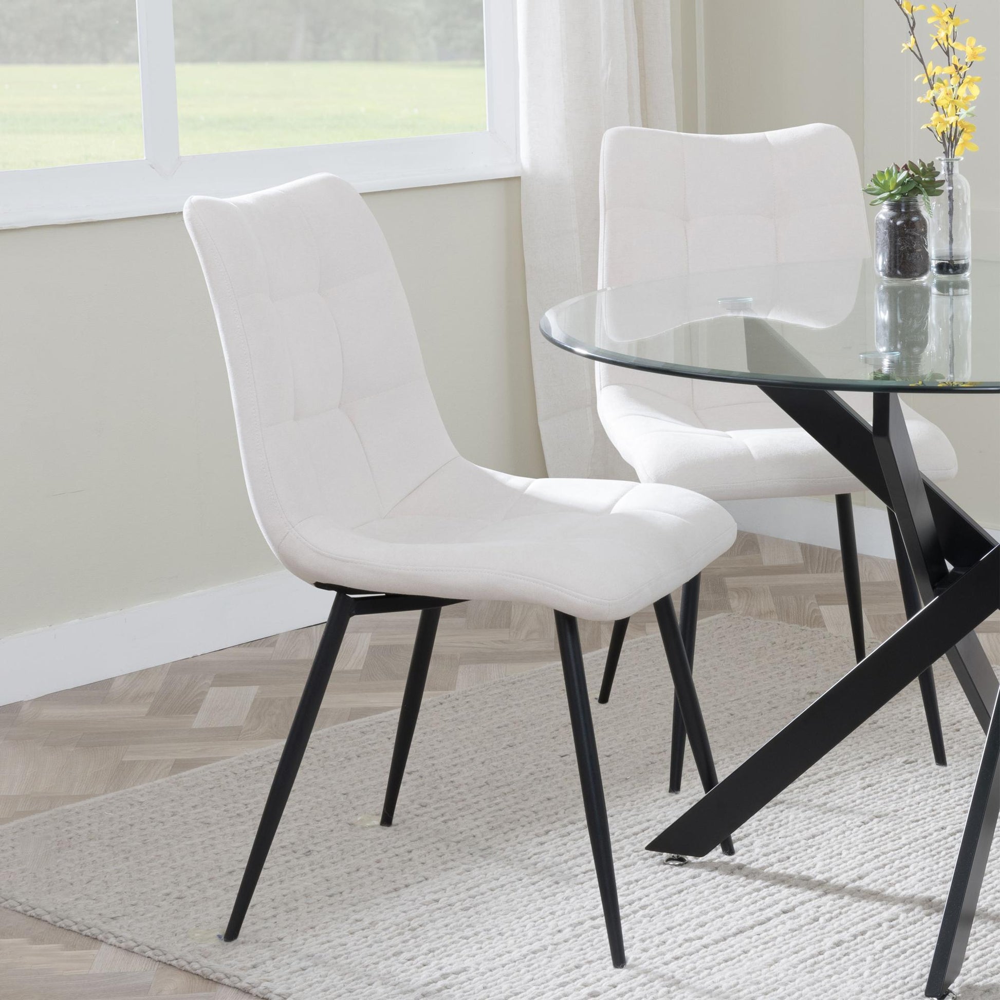 Elba Dining Chairs in Beige Fabric and Black Metal Legs - Pair of 2