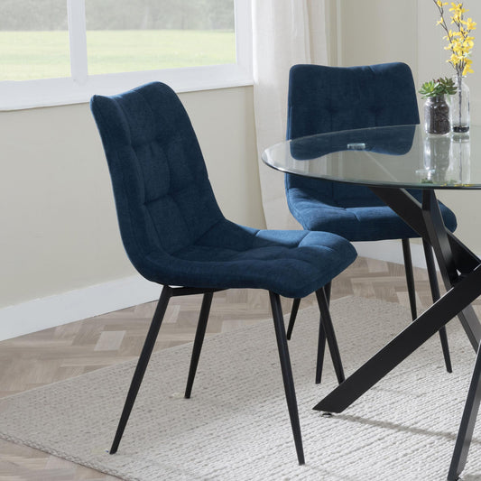Elba Dining Chairs in Blue Fabric and Black Metal Legs - Pair of 2