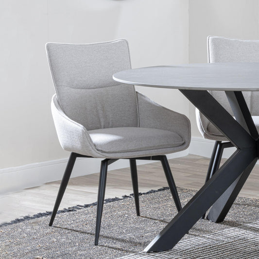 Flavio Beige Fabric Swivel Dining Chair with Black Legs - Pair of 2