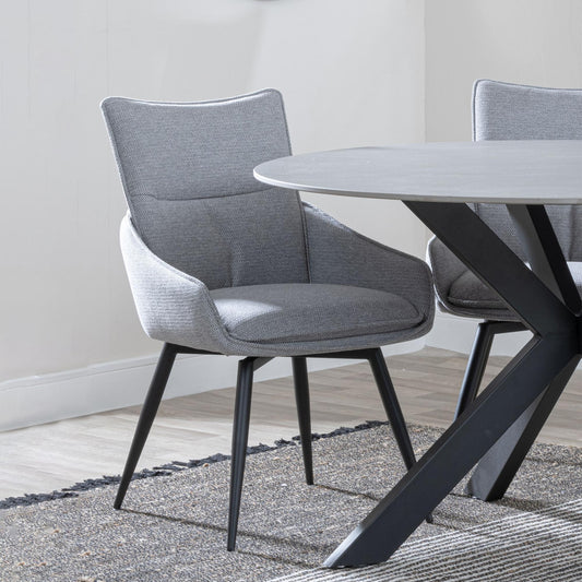 Flavio Grey Fabric Swivel Dining Chair with Black Legs - Pair of 2