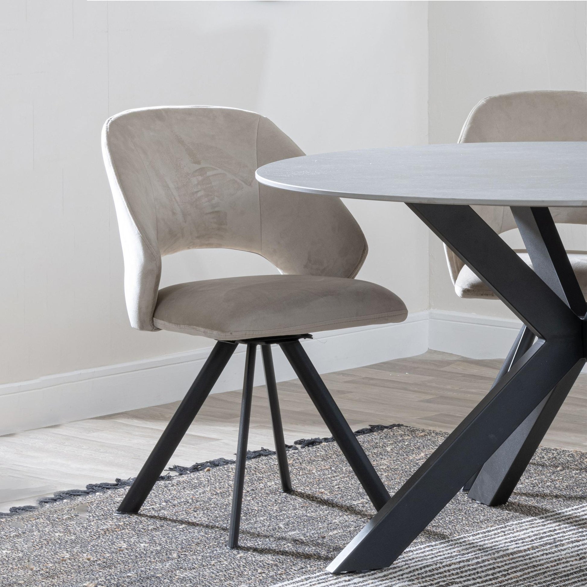 Juno Beige Velvet Fabric Swivel Dining Chair with Black Legs - Pair of 2