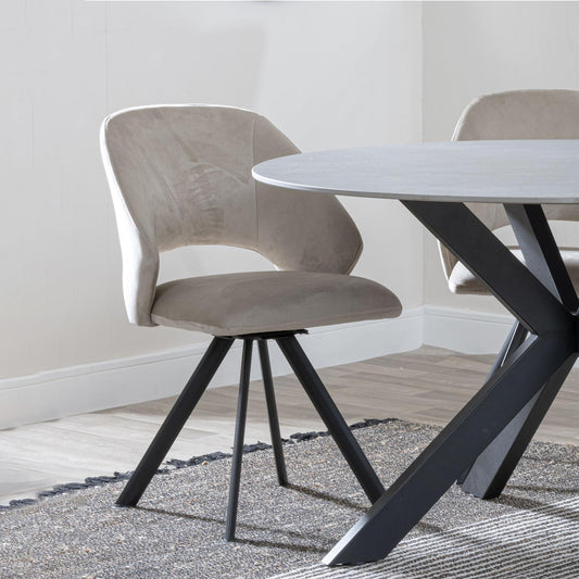 Juno Beige Velvet Fabric Swivel Dining Chair with Black Legs - Pair of 2