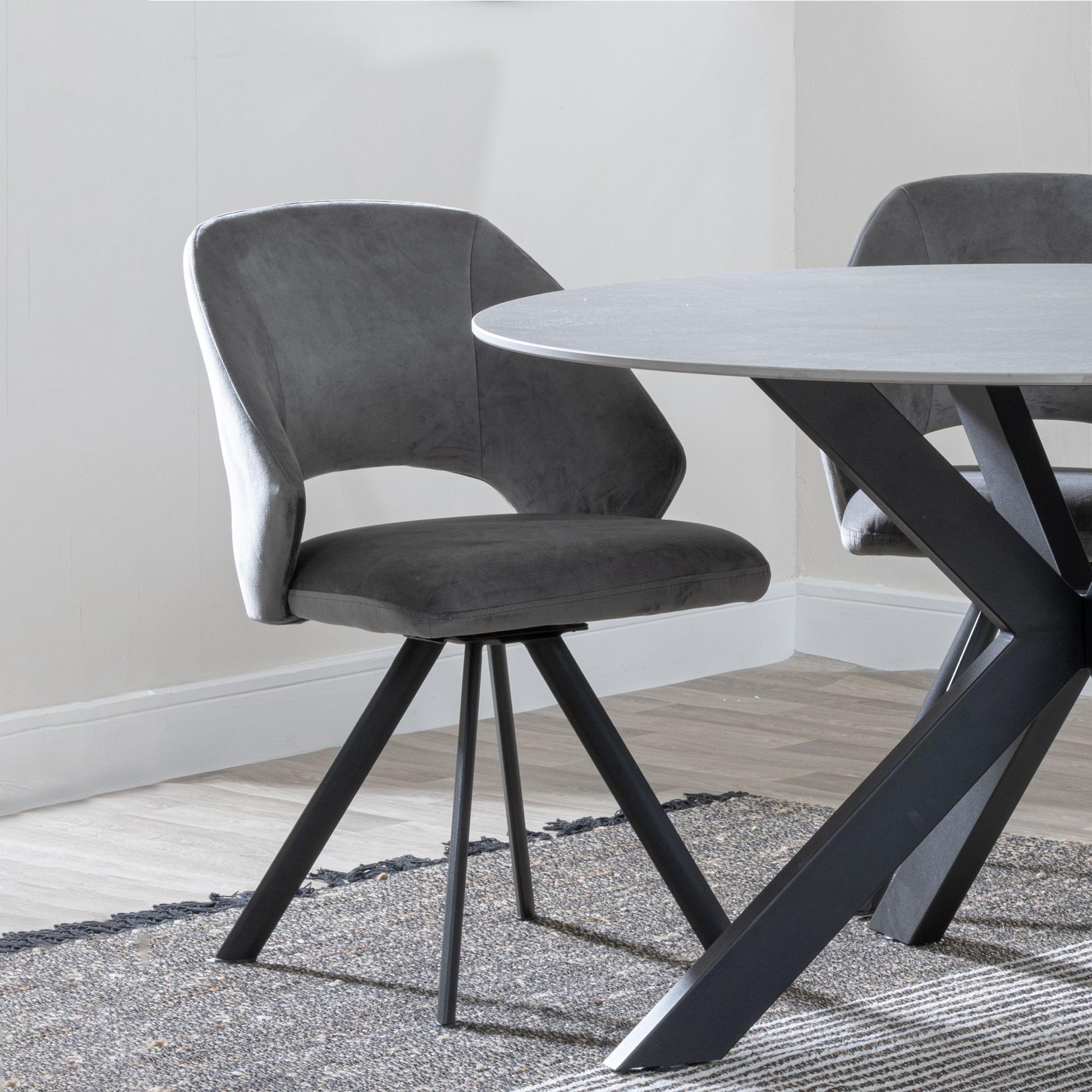 Juno Dark Grey Velvet Fabric Swivel Dining Chair with Black Legs - Pair of 2