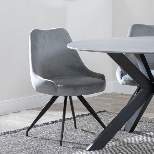 Harbo Grey Velvet Fabric Swivel Dining Chair with Black Legs - Pair of 2