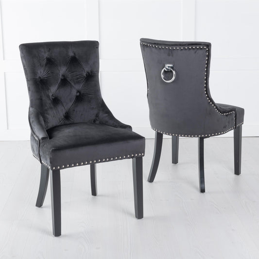 Monte Knocker Back Black Velvet Fabric Chair with Black Wooden Legs - Pair of 2