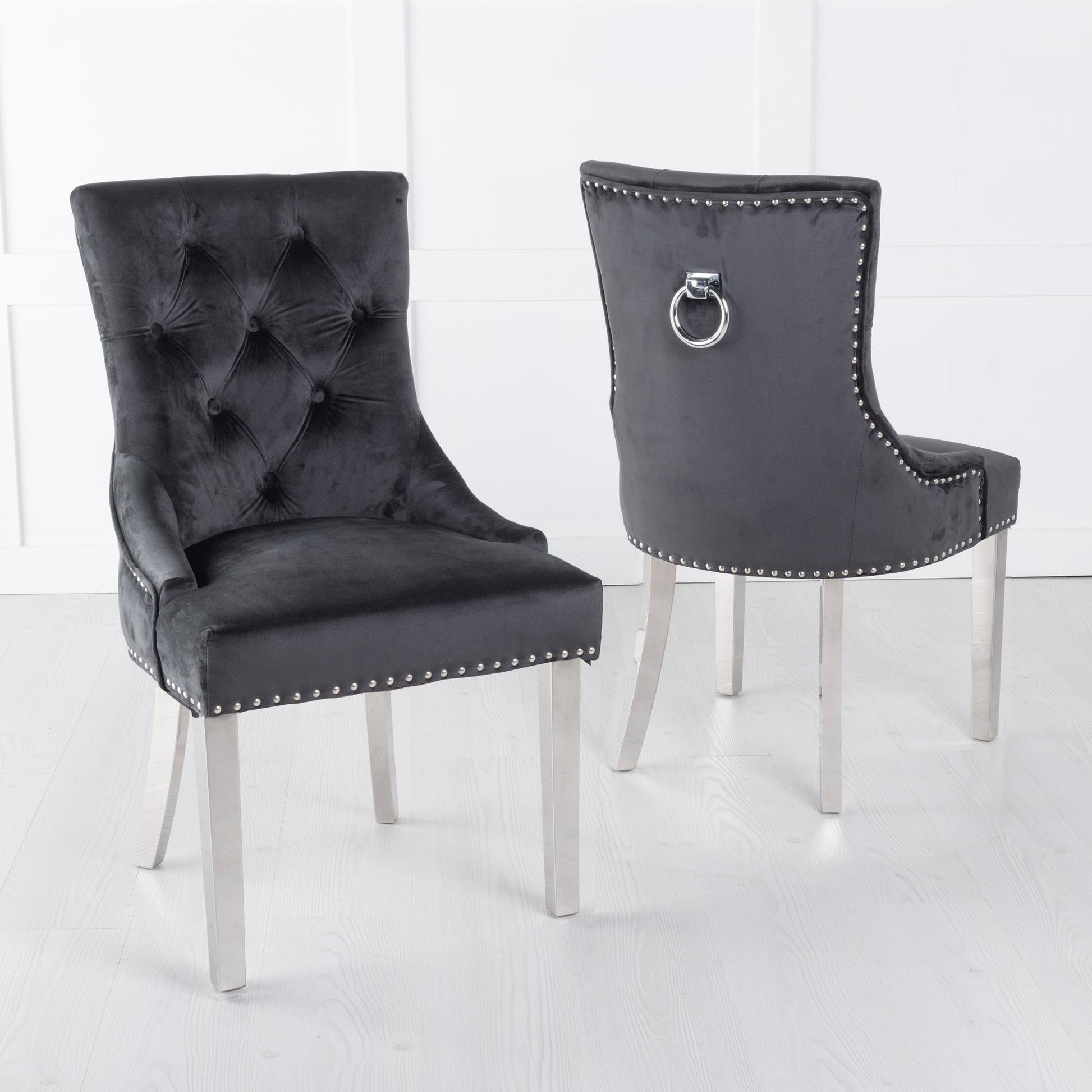 Monte Knocker Back Black Velvet Fabric Chair with Chrome Legs - Pair of 2