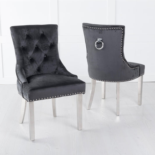 Monte Knocker Back Black Velvet Fabric Chair with Chrome Legs - Pair of 2