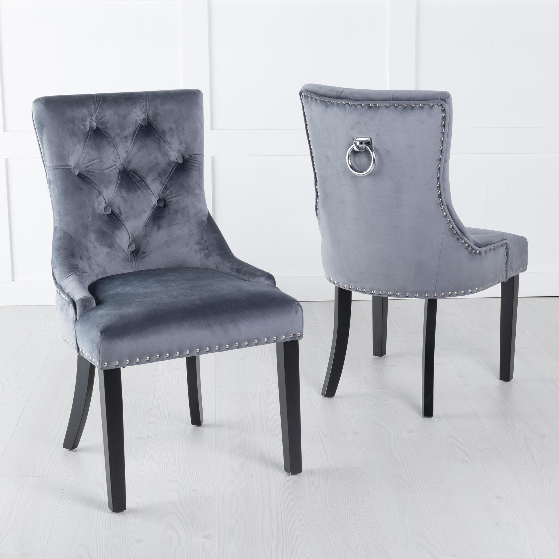 Monte Knocker Back Grey Velvet Fabric Chair with Black Wooden Legs - Pair of 2