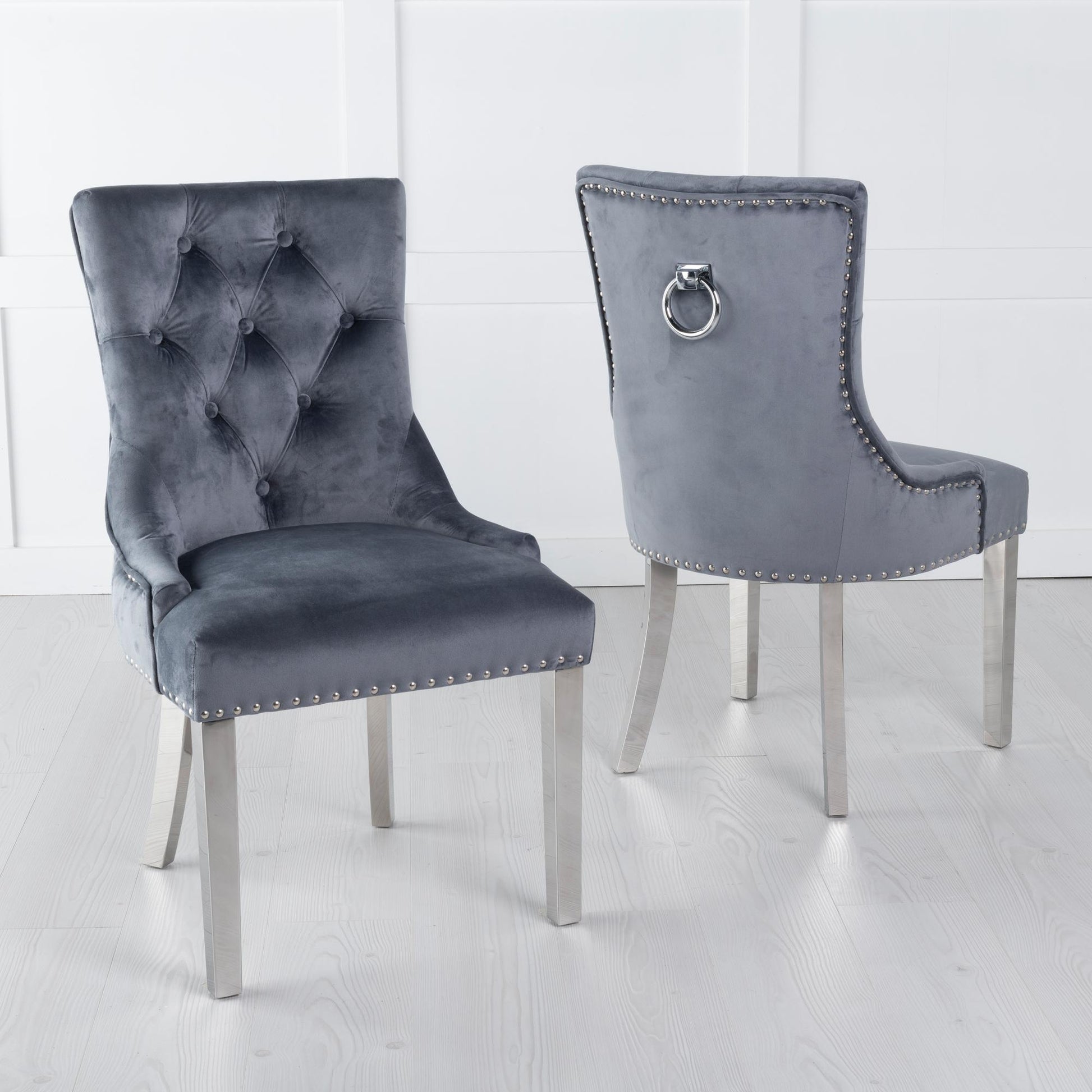 Monte Knocker Back Grey Velvet Fabric Chair with Chrome Legs - Pair of 2