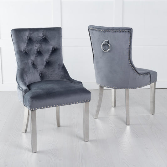 Monte Knocker Back Grey Velvet Fabric Chair with Chrome Legs - Pair of 2