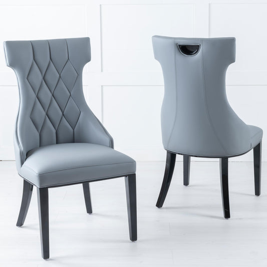 Tremiti Grey Leather Large High Back Dining Chair with Black Legs - Pair of 2
