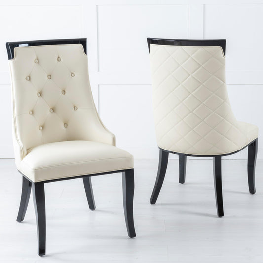 Torino Cream Leather Large High Back Dining Chair with Black Legs - Pair of 2