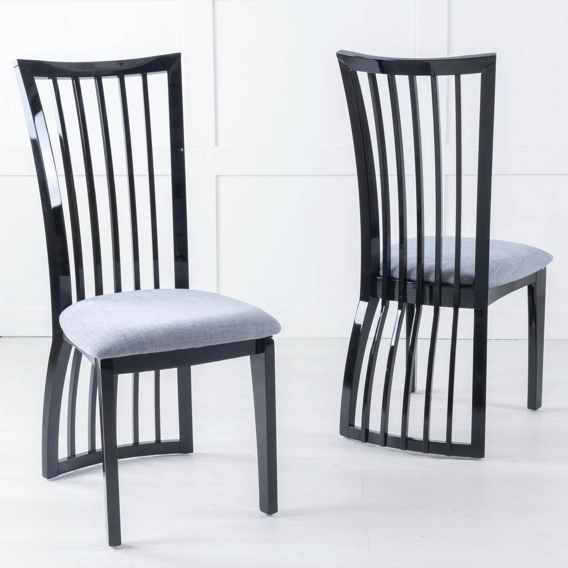 Venito Black High Gloss Slatted Back Dining Chair with Grey Seat Pads - Pair of 2
