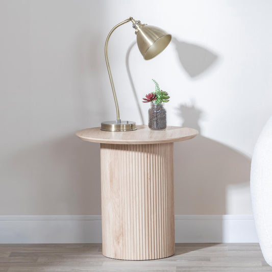 Renzo Oak Round End Table with Fluted Ribbed Drum Base