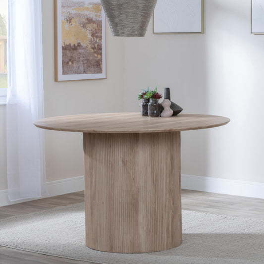Renzo 120cm Oak Round Dining Table with Fluted Ribbed Drum Base