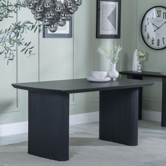 Renzo 160cm Black Oval Dining Table with Fluted Ribbed Double Pedestal Base