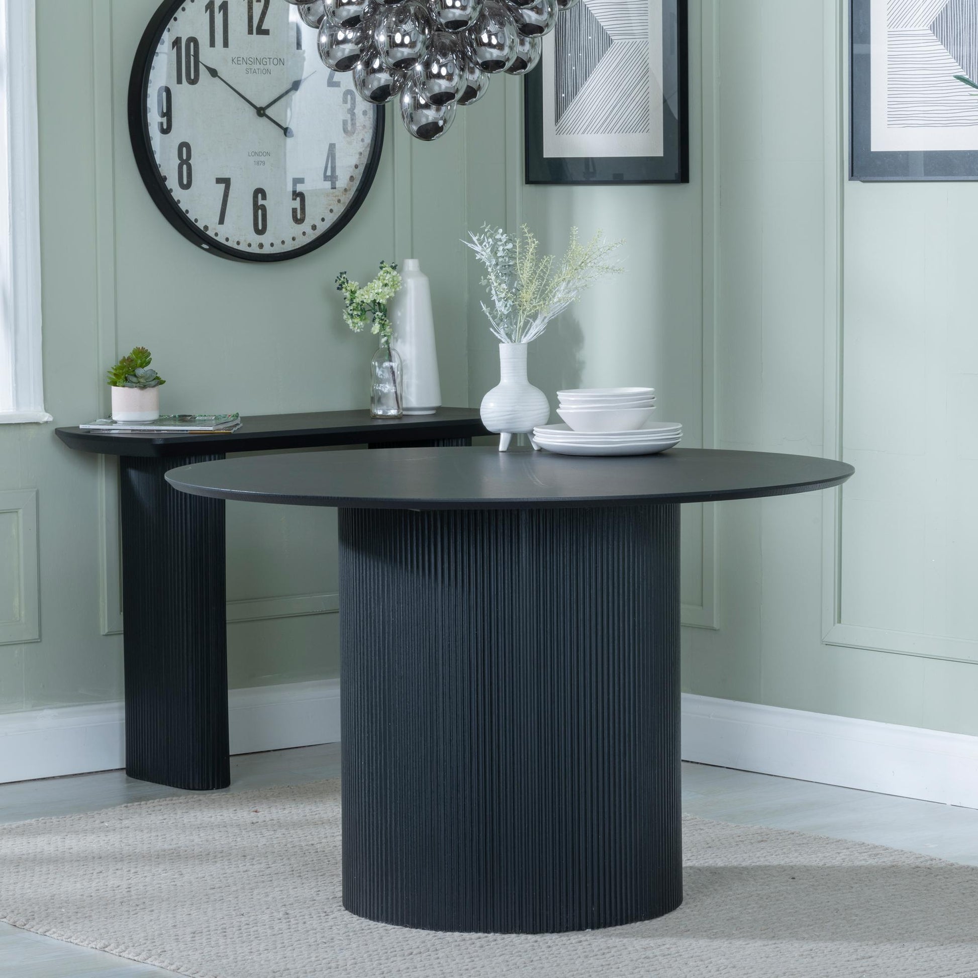 Renzo 120cm Black Round Dining Table with Fluted Ribbed Drum Base