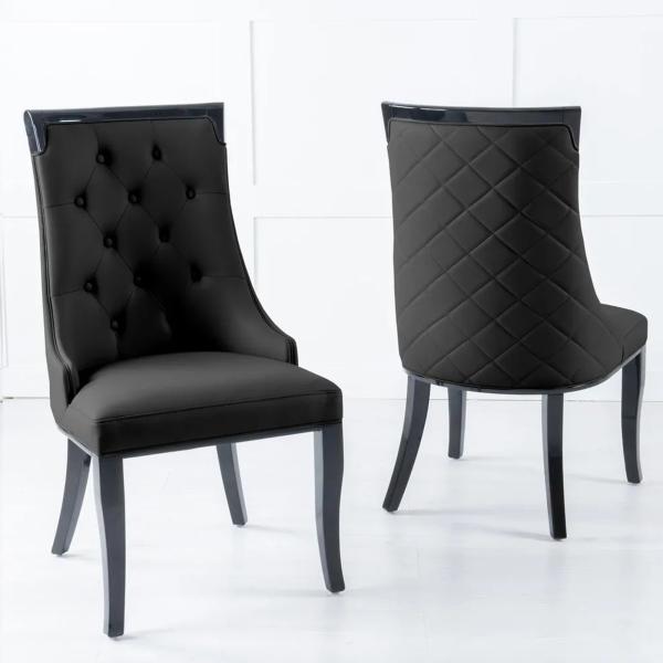 Torino Black Leather Large High Back Dining Chair with Black Legs - Pair of 2