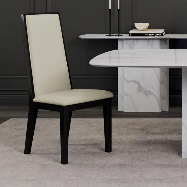 Montelli Cream Leather High Back Dining Chair with Black Legs - Pair of 2