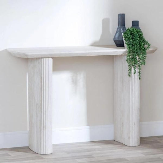 Renzo White Oval Console Table with Fluted Ribbed Double Pedestal Base