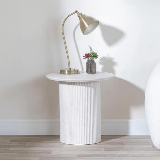 Renzo White Round End Table with Fluted Ribbed Double Pedestal Base