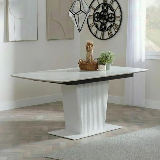 Valtaro White Ceramic Extending Dining Table With Black Pedestal Base - 130cm/170cm