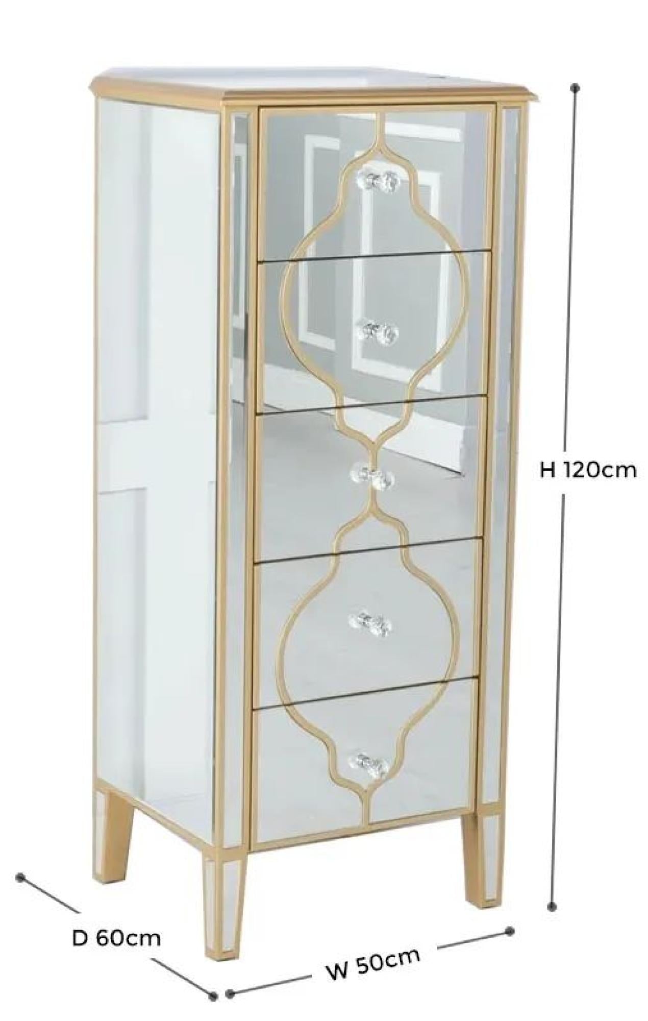 Cairo Mirrored Gold Trim 5 Drawer Narrow Chest