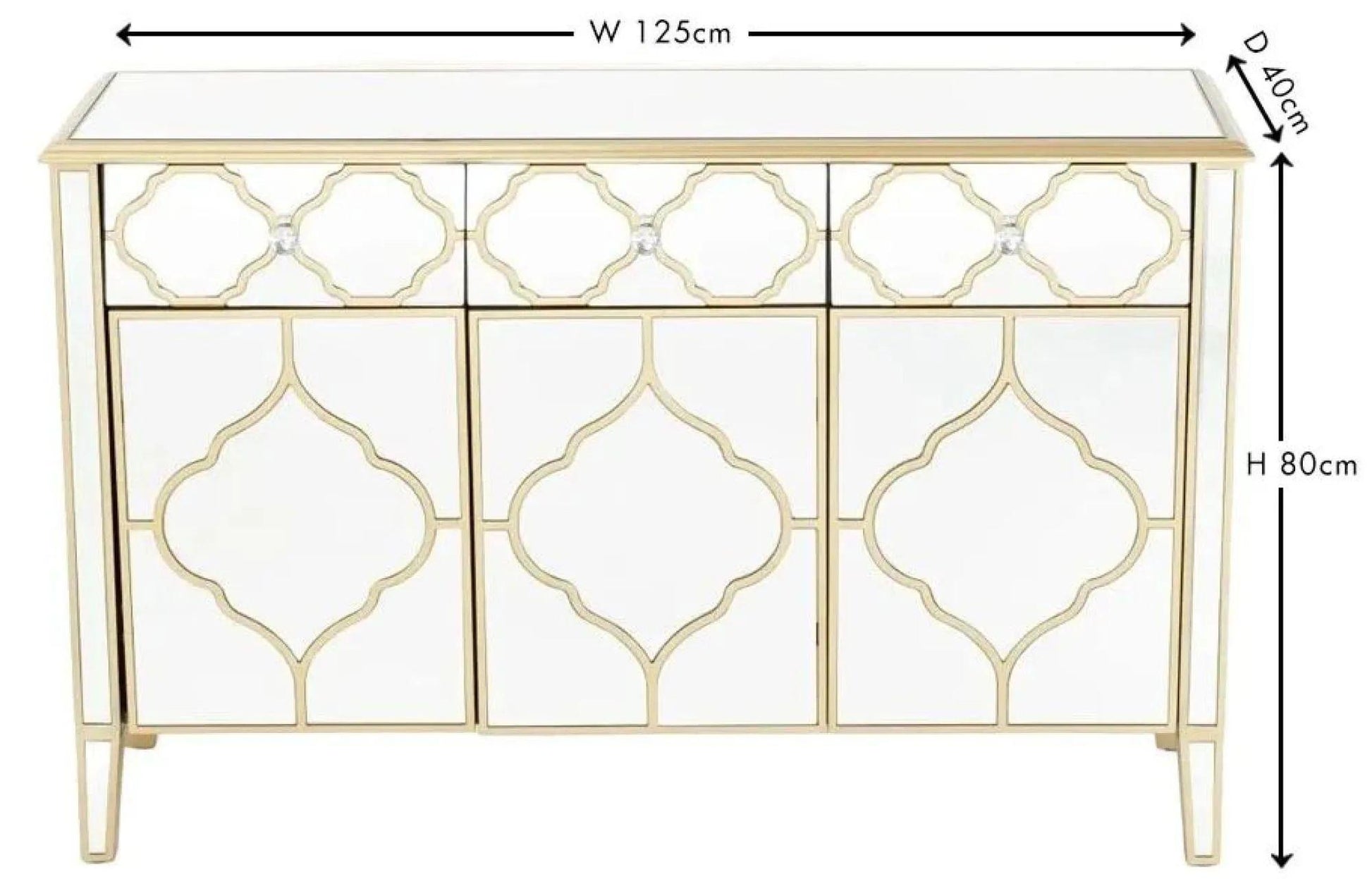 Cairo Mirrored Gold Trim Large Sideboard - 3 Doors