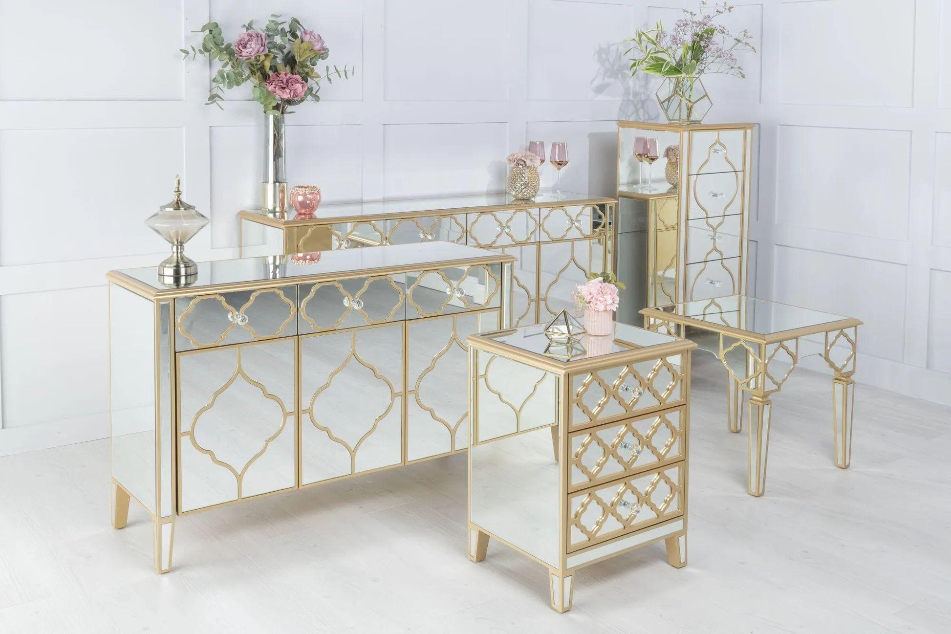 Cairo Mirrored Gold Trim Large Sideboard - 4 Doors
