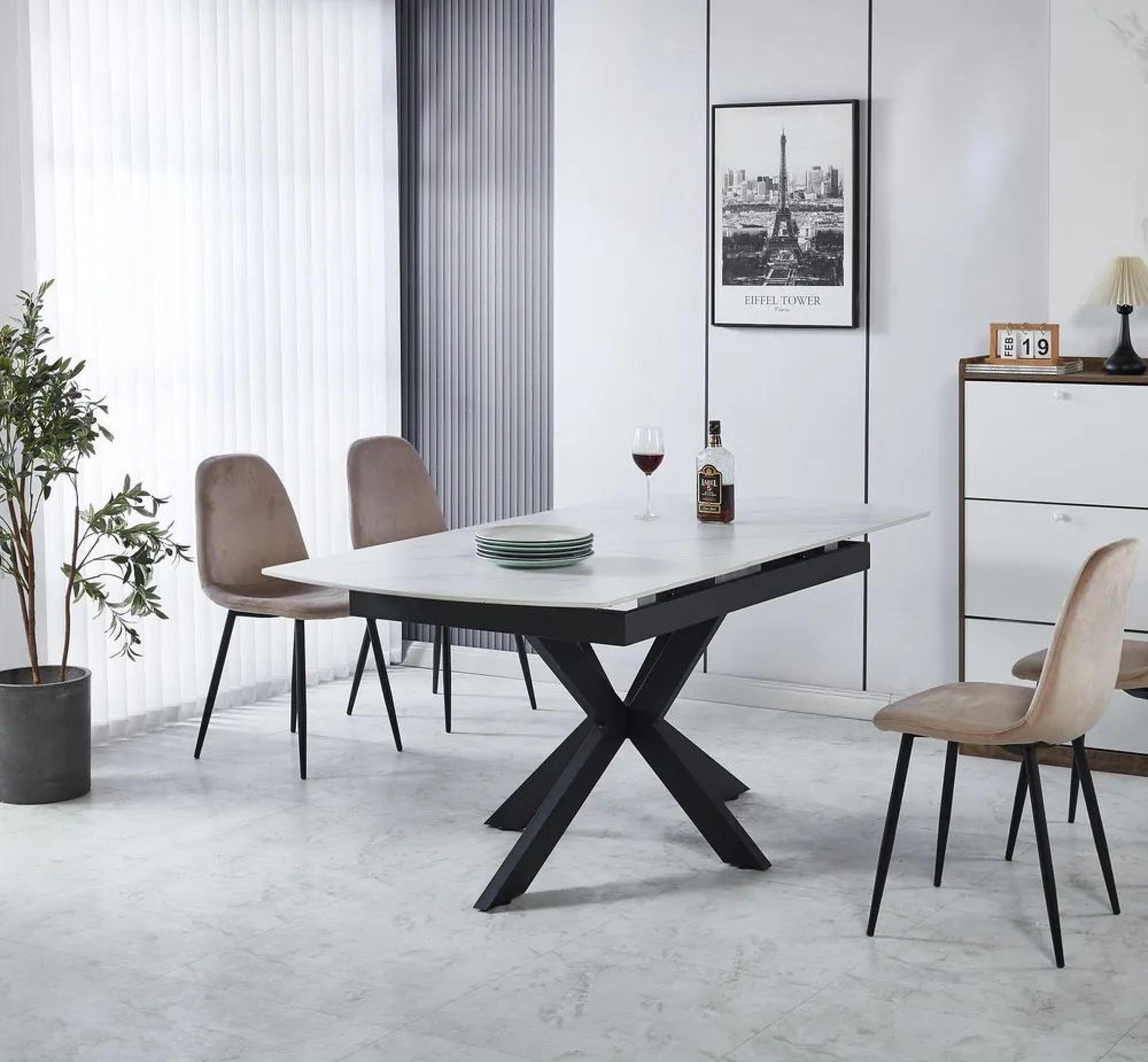 Eva White Sintered Stone Extending Dining Table with Black Star Base - 140cm/180cm